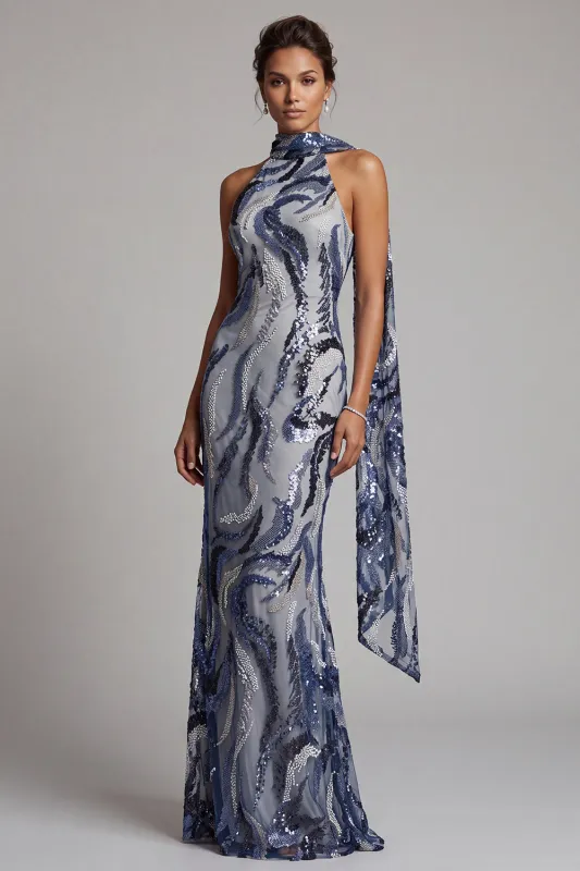 Navy Sequins Mermaid High Neck Long Mother of the Bride Dress with Beaded made by Zapaka