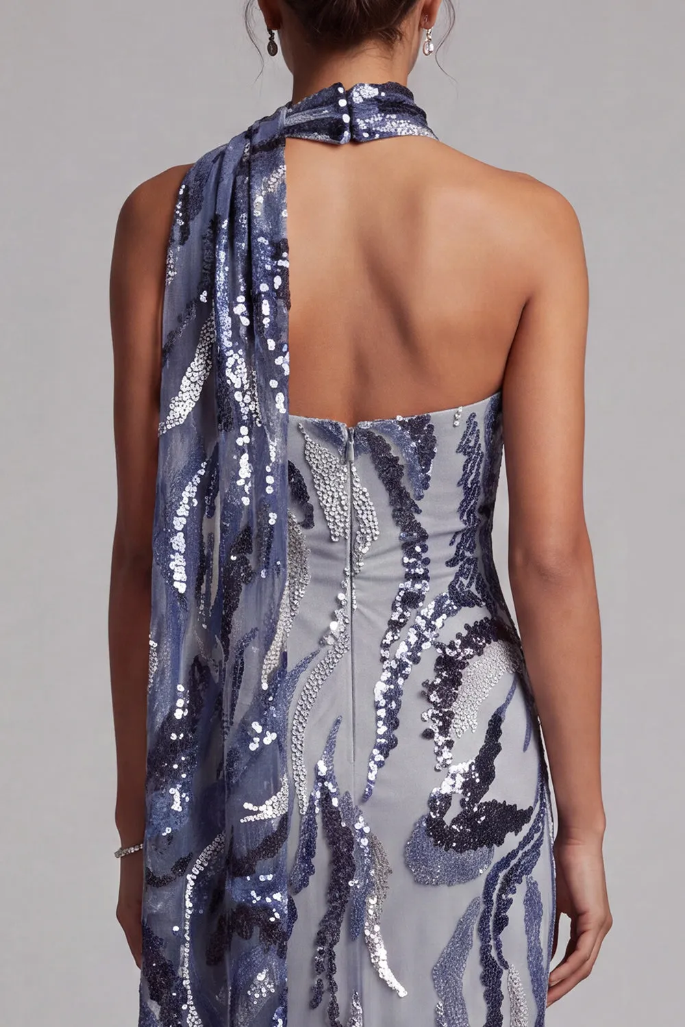 Navy Sequins Mermaid High Neck Long Mother of the Bride Dress with Beaded sold by Zapaka product image thumbnail 5