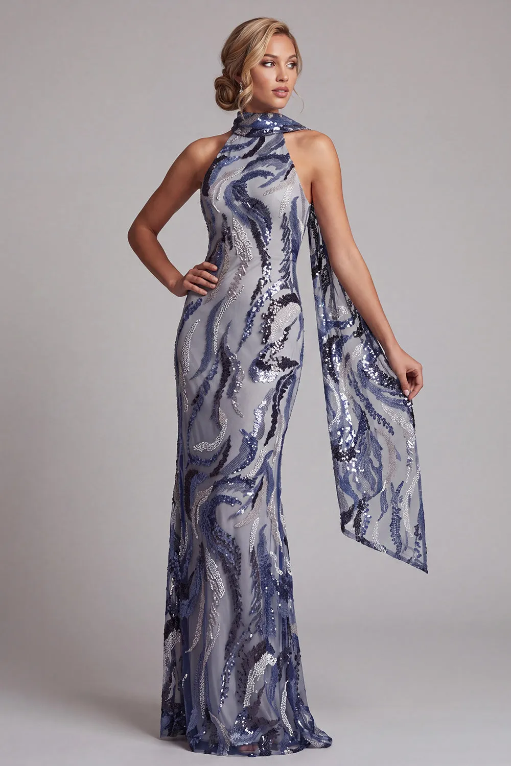 Navy Sequins Mermaid High Neck Long Mother of the Bride Dress with Beaded sold by Zapaka product image thumbnail 3