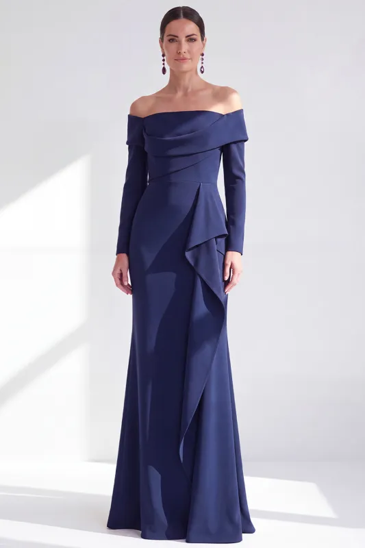 Ruched Mermaid Off the Shoulder Dark Blue Mother Of The Bride Dress with Side Streamer made by Zapaka