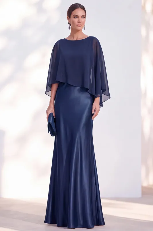 Navy Bateau Neck Sheath Velvet Mother Of The Bride Dress with Cape made by Zapaka