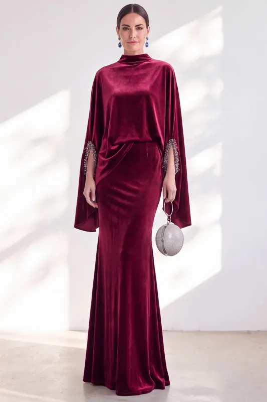 Burgundy Mermaid Velvet Beaded Long Sleeves Mother Of The Bride Dress made by Zapaka