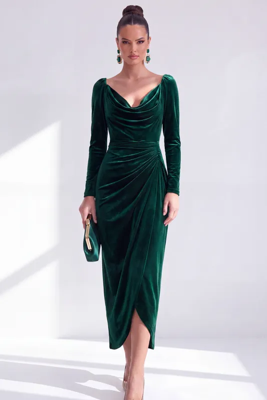 Dark Green Bodycon Velvet V-Neck Long Sleeves Mother of the Bride Dress with Slit made by Zapaka