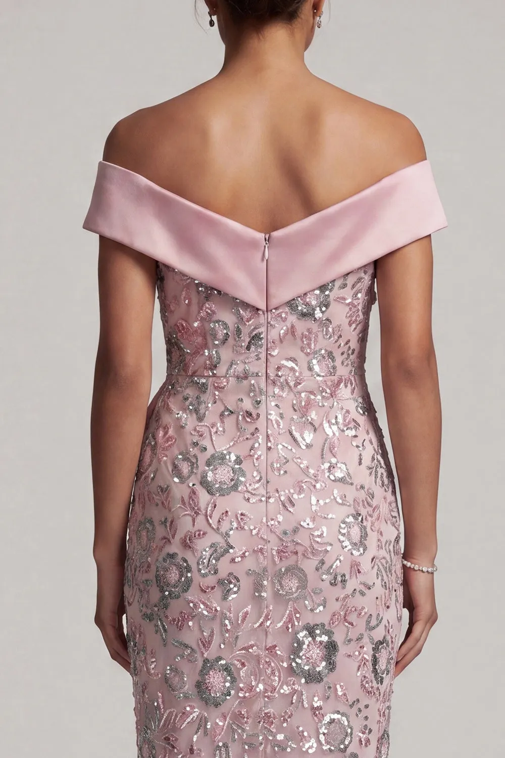 Light Pink Sheath Off the Shoulder Sequins Tea-Length Mother of the Bride Dress with Draping sold by Zapaka product image thumbnail 5