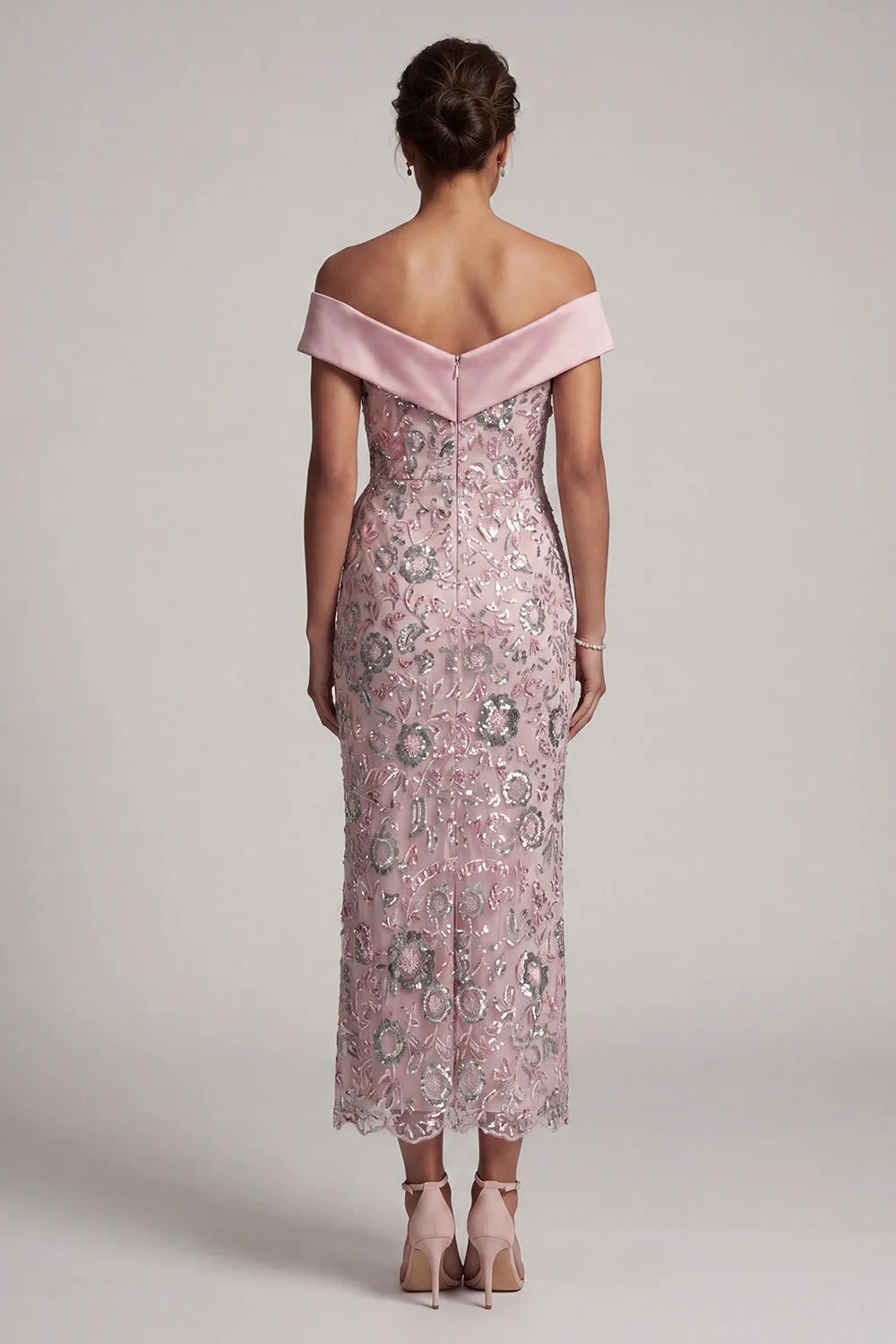 Light Pink Sheath Off the Shoulder Sequins Tea-Length Mother of the Bride Dress with Draping sold by Zapaka product image thumbnail 2