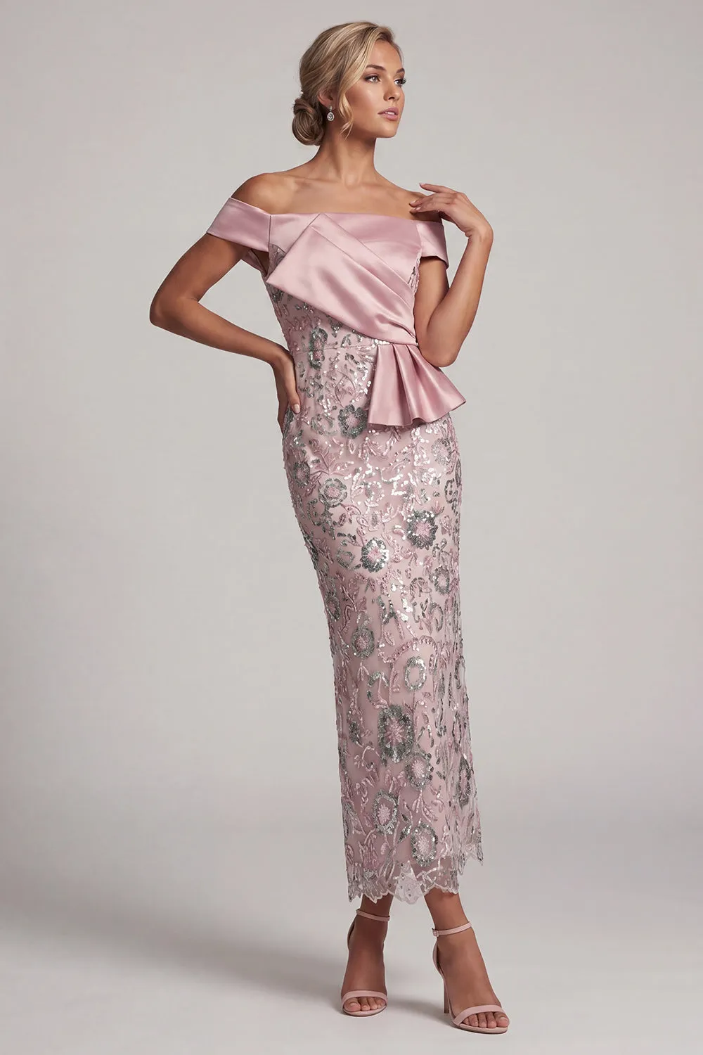 Light Pink Sheath Off the Shoulder Sequins Tea-Length Mother of the Bride Dress with Draping sold by Zapaka product image thumbnail 3