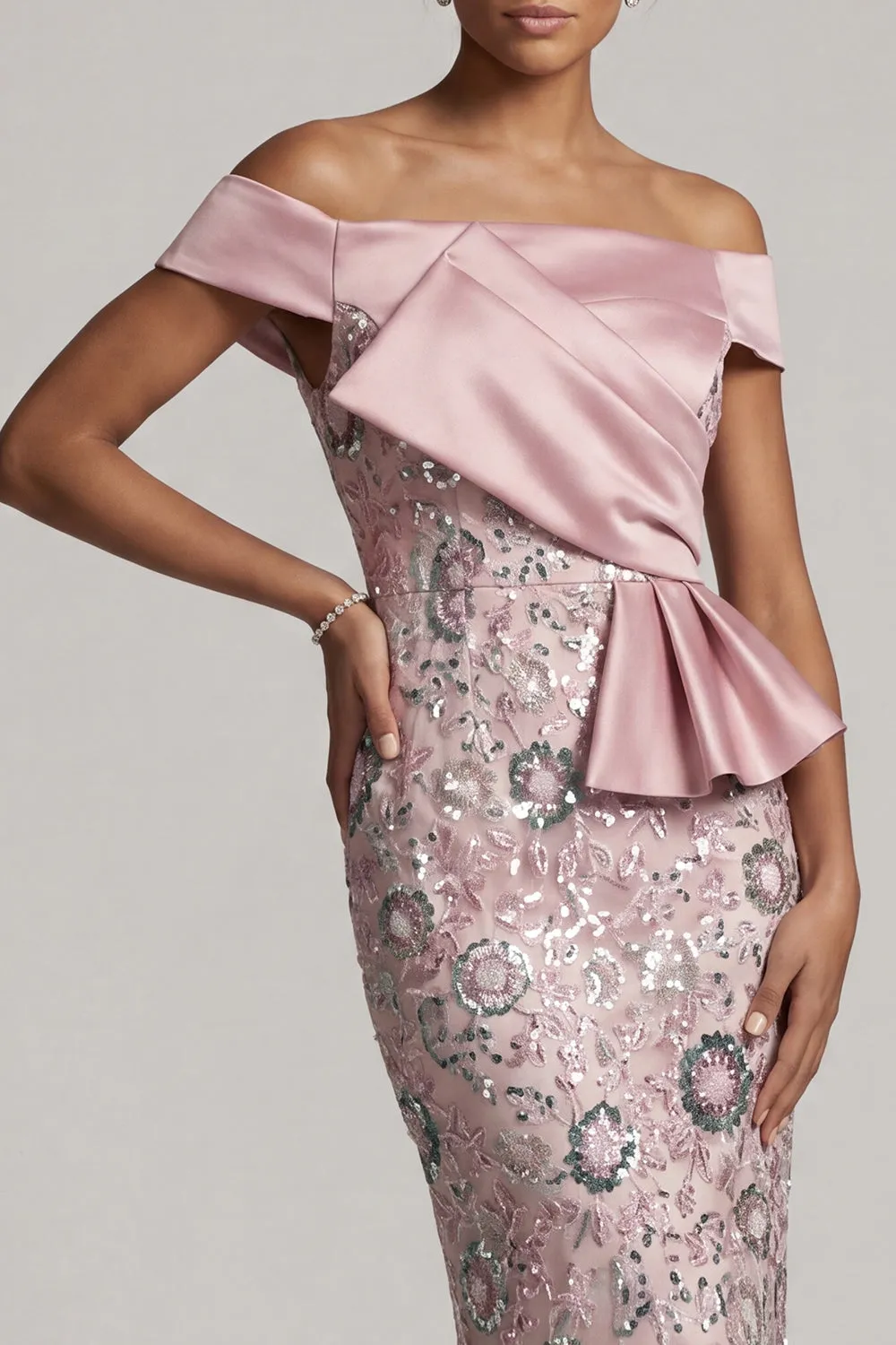Light Pink Sheath Off the Shoulder Sequins Tea-Length Mother of the Bride Dress with Draping sold by Zapaka product image thumbnail 4