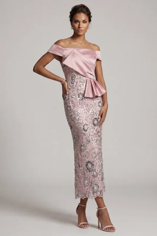 Light Pink Sheath Off the Shoulder Sequins Tea-Length Mother of the Bride Dress with Draping made by Zapaka