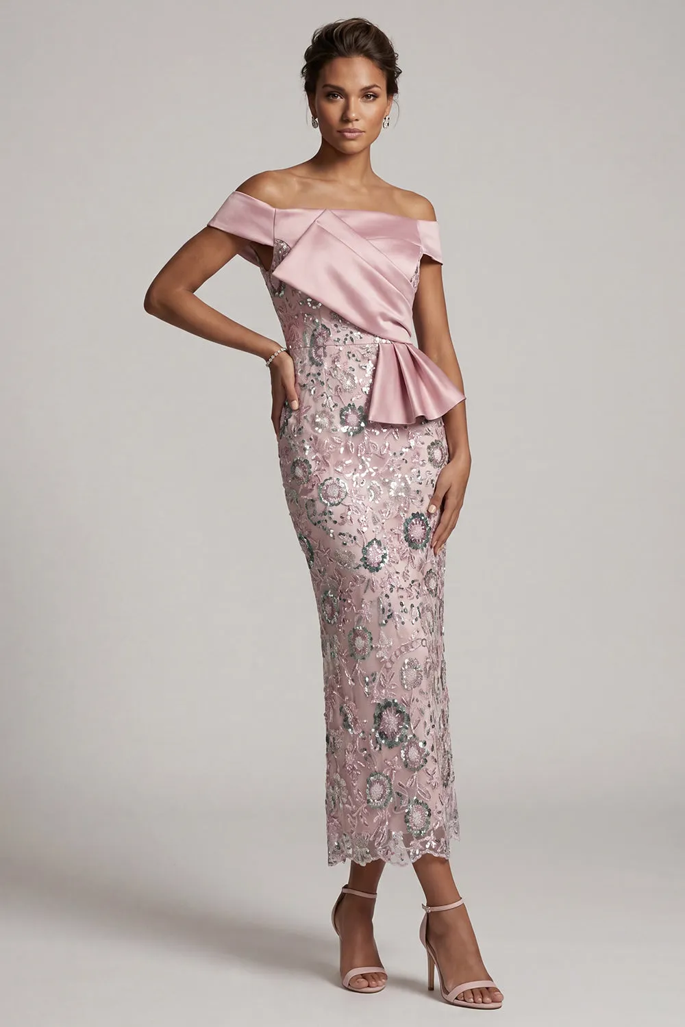 Light Pink Sheath Off the Shoulder Sequins Tea-Length Mother of the Bride Dress with Draping sold by Zapaka