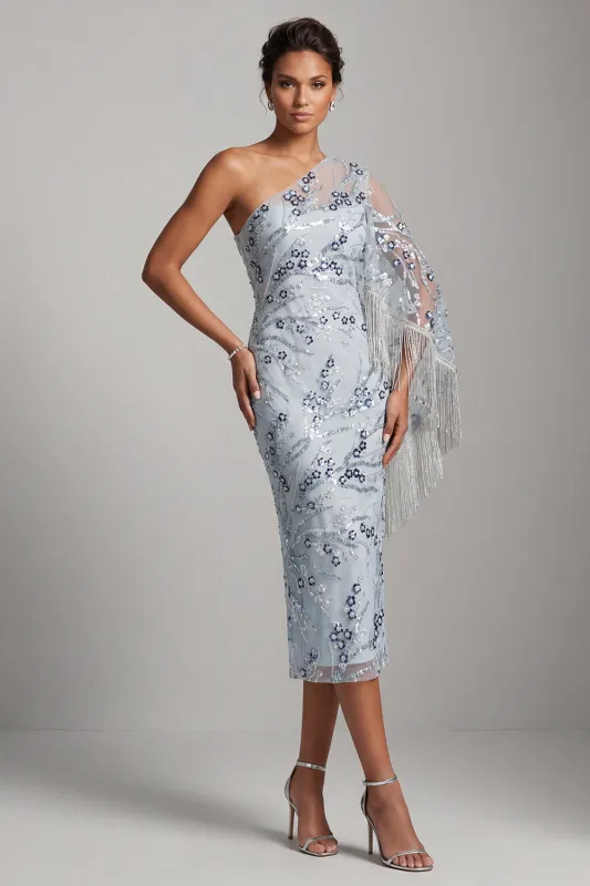 Light Blue Sheath One Shoulder Embroidered Midi Mother of the Bride Dress with Fringes made by Zapaka