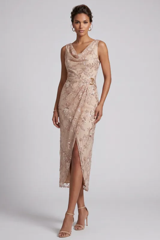 Champagne Sheath Cowl Neck Ruched Midi Mother of the Bride Dress with Side Slit made by Zapaka