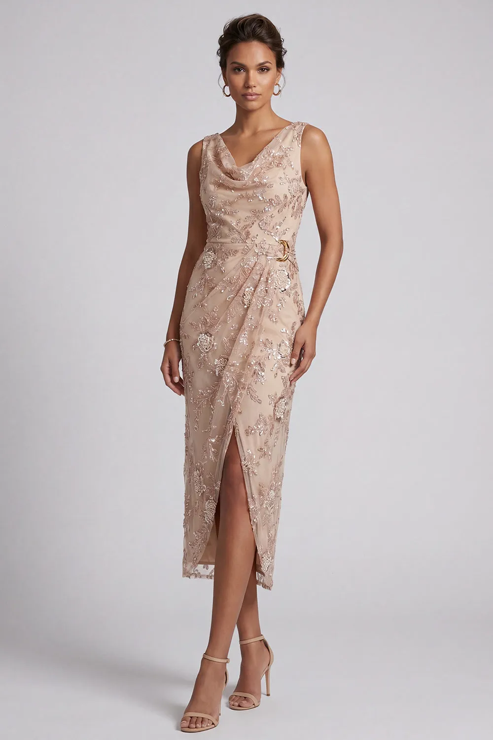 Champagne Sheath Cowl Neck Ruched Midi Mother of the Bride Dress with Side Slit sold by Zapaka