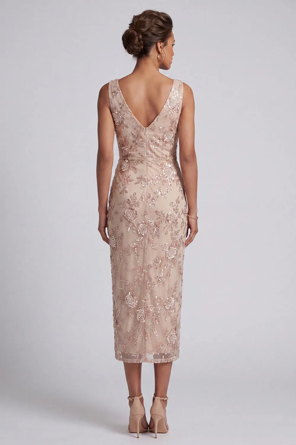 Champagne Sheath Cowl Neck Ruched Midi Mother of the Bride Dress with Side Slit sold by Zapaka product image thumbnail 2