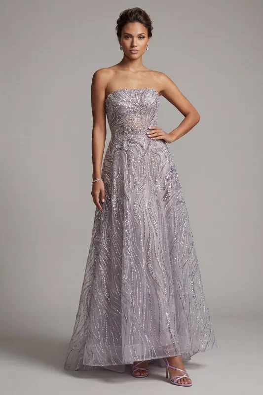 Lilac A-Line Strapless Sequins Long Mother of the Bride Dress made by Zapaka