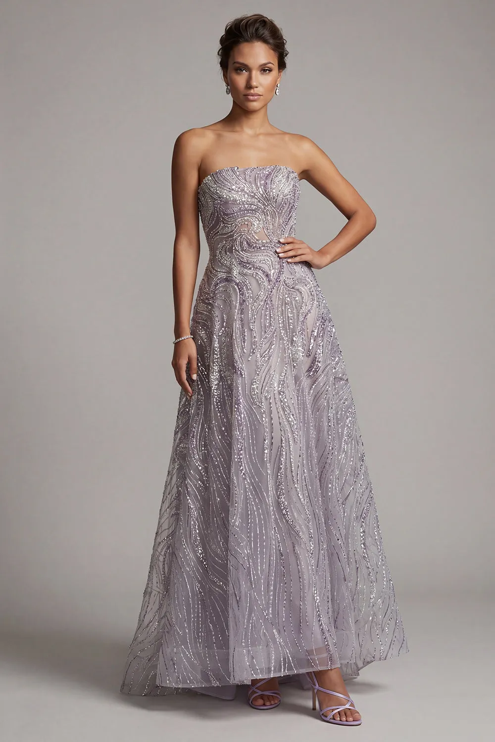 Lilac A-Line Strapless Sequins Long Mother of the Bride Dress sold by Zapaka