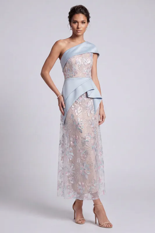 Light Blue Sheath One Shoulder Sequins Maxi Mother of the Bride Dress with Draping made by Zapaka