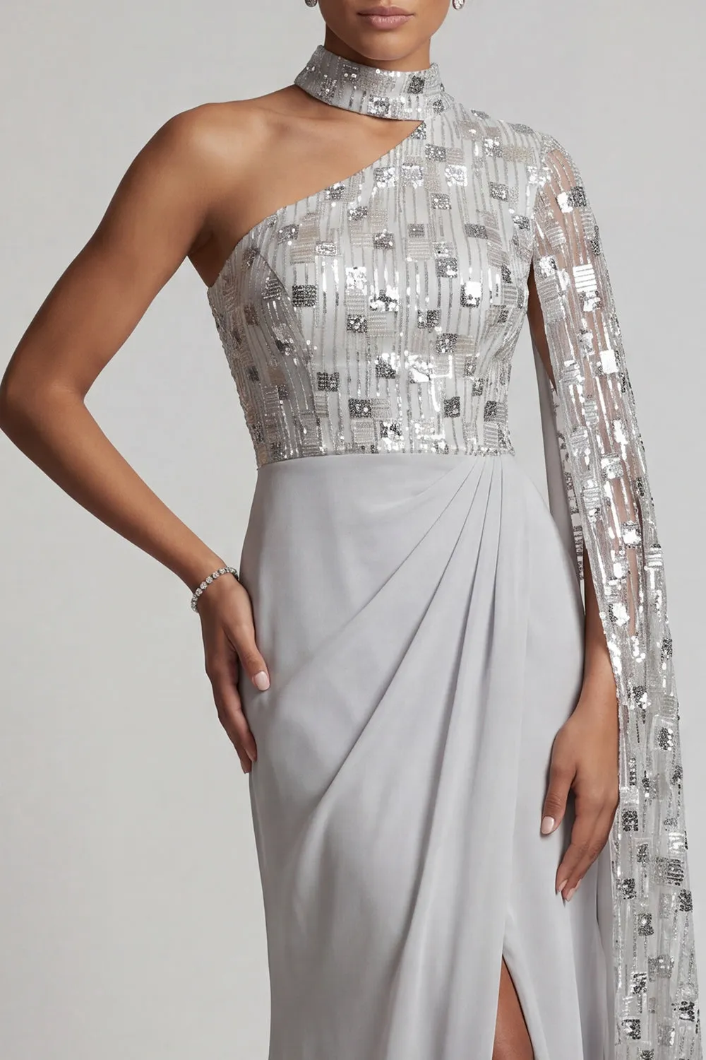 Grey Sheath High Neck Ruched One Shoulder Long Mother of the Bride Dress sold by Zapaka product image thumbnail 3