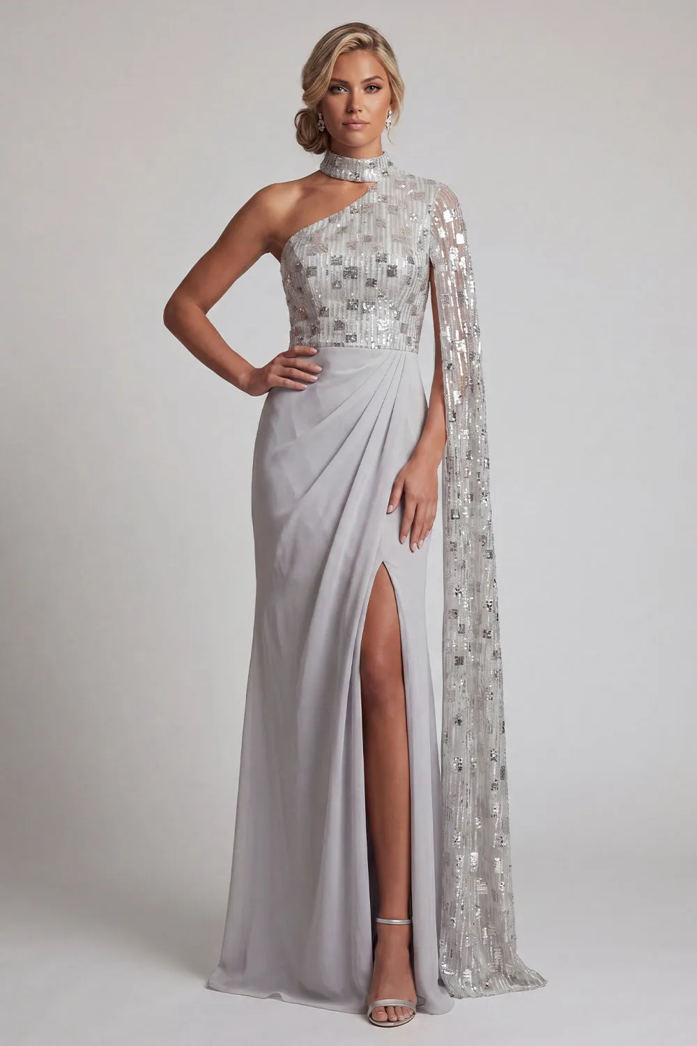 Grey Sheath High Neck Ruched One Shoulder Long Mother of the Bride Dress sold by Zapaka product image thumbnail 4