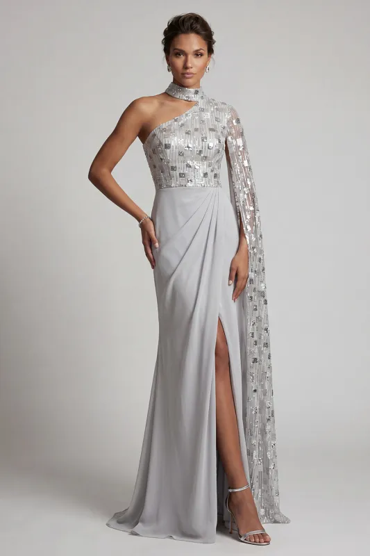 Grey Sheath High Neck Ruched One Shoulder Long Mother of the Bride Dress made by Zapaka