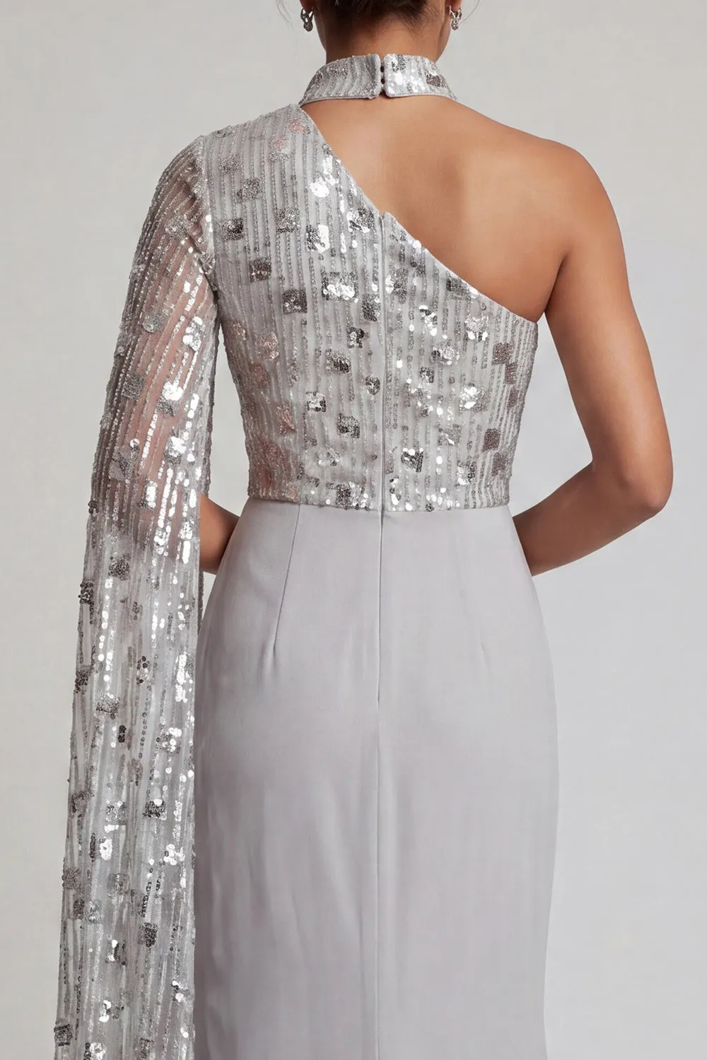Grey Sheath High Neck Ruched One Shoulder Long Mother of the Bride Dress sold by Zapaka product image thumbnail 5