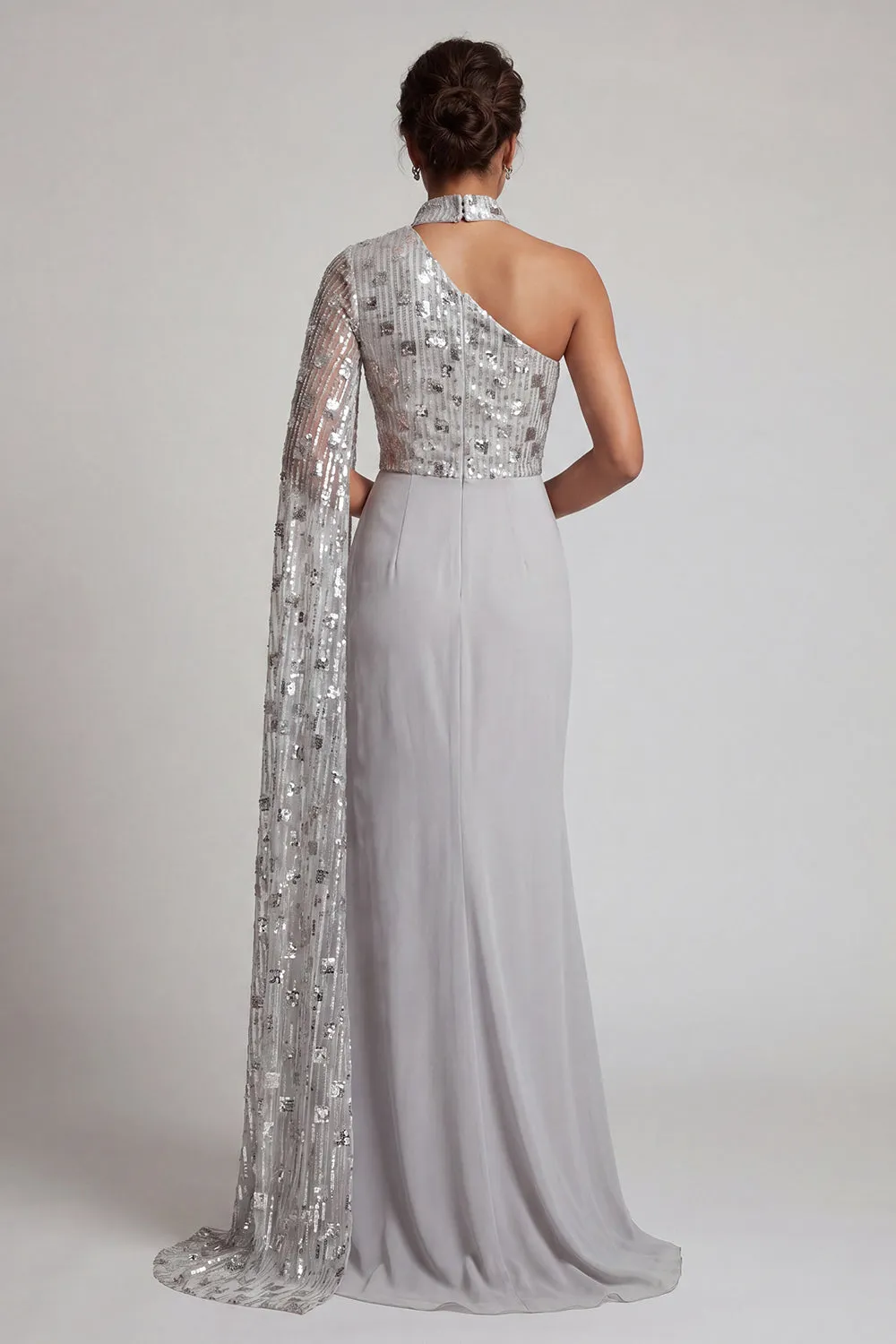 Grey Sheath High Neck Ruched One Shoulder Long Mother of the Bride Dress sold by Zapaka product image thumbnail 2