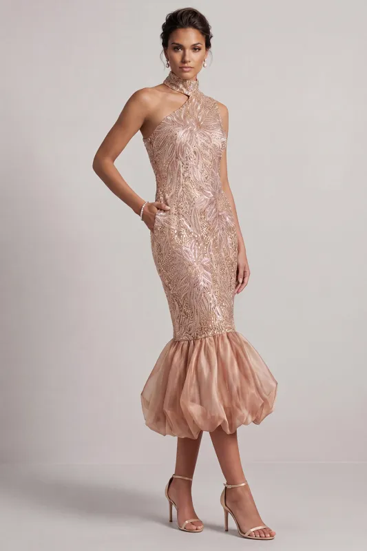 Blush Mermaid High Neck Pockets Bubble Hem Midi Mother of the Bride Dress with Sequins made by Zapaka