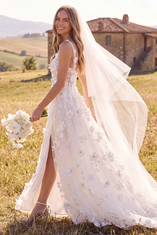 White A-Line Scoop 3D Flower Maxi Corset Elopement Wedding Dress with Side Slit made by Zapaka