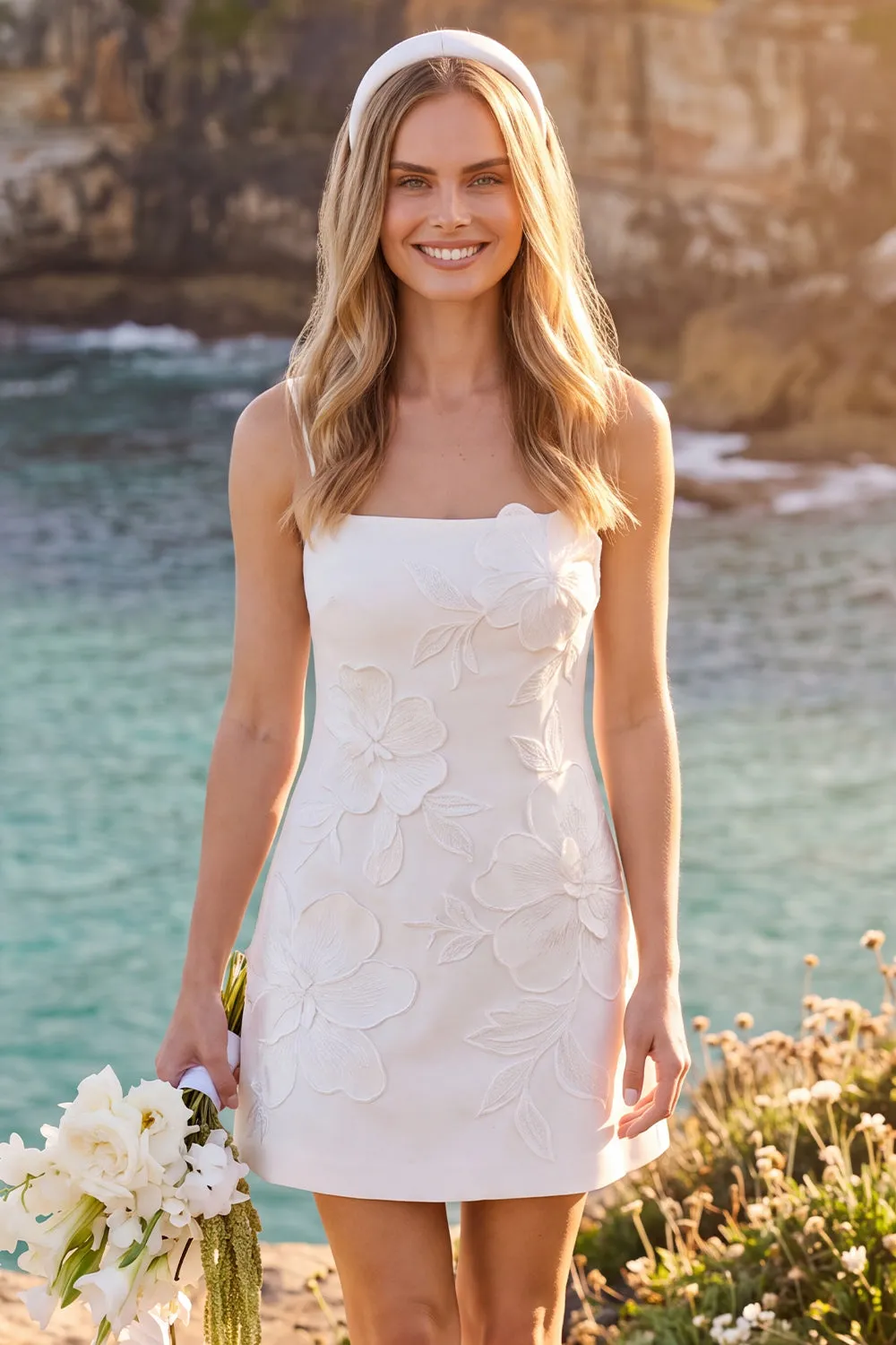 White Sheath Square Neck Appliqued Short Elopement Wedding Dress sold by Zapaka