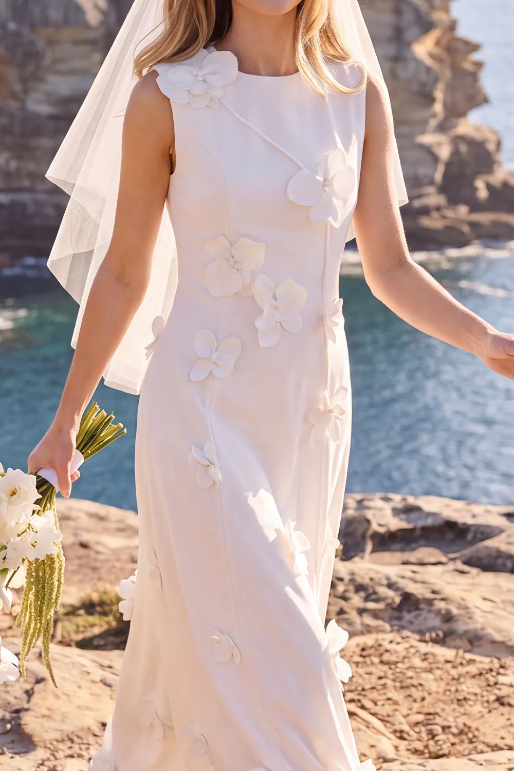 White Sheath Round Neck Appliqued Maxi Elopement Wedding Dress sold by Zapaka product image thumbnail 3
