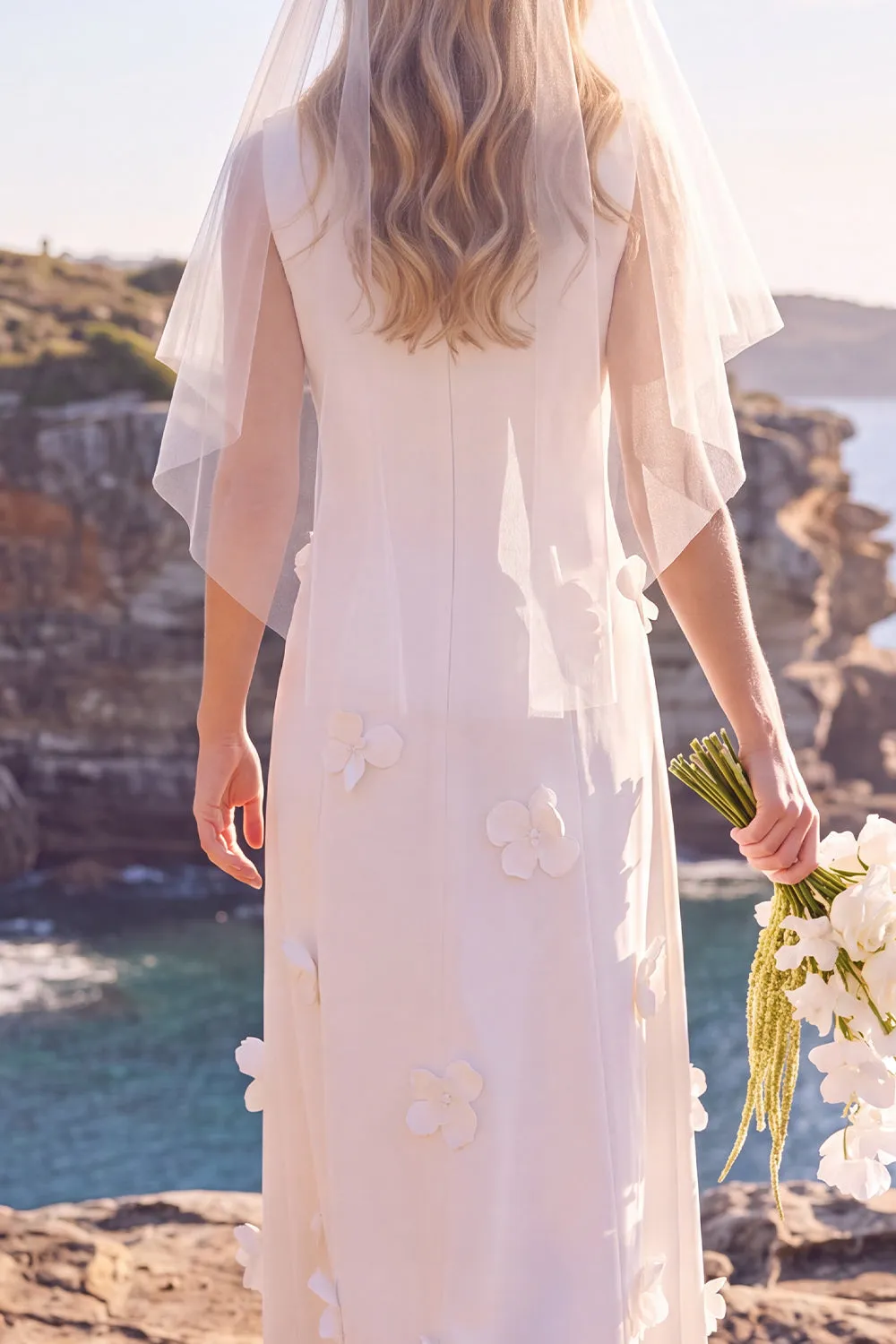 White Sheath Round Neck Appliqued Maxi Elopement Wedding Dress sold by Zapaka product image thumbnail 4