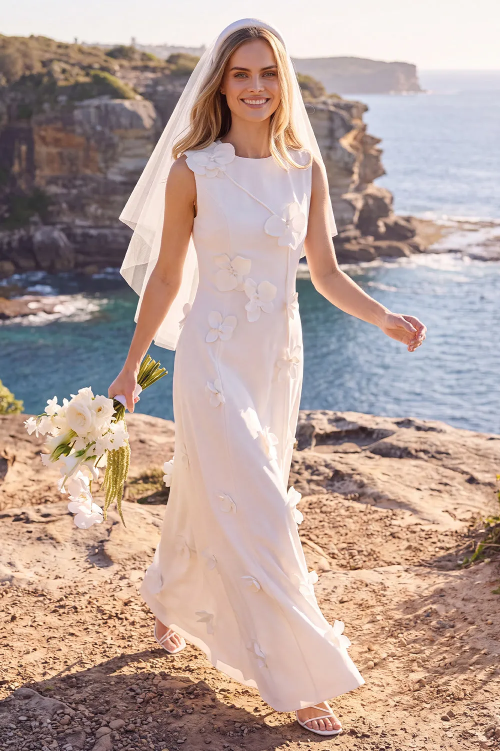 White Sheath Round Neck Appliqued Maxi Elopement Wedding Dress sold by Zapaka
