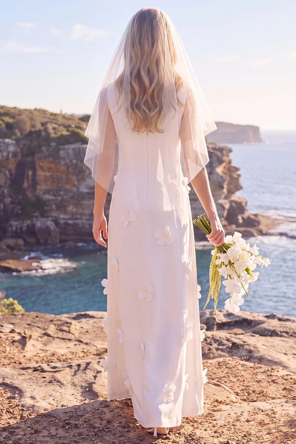 White Sheath Round Neck Appliqued Maxi Elopement Wedding Dress sold by Zapaka product image thumbnail 2