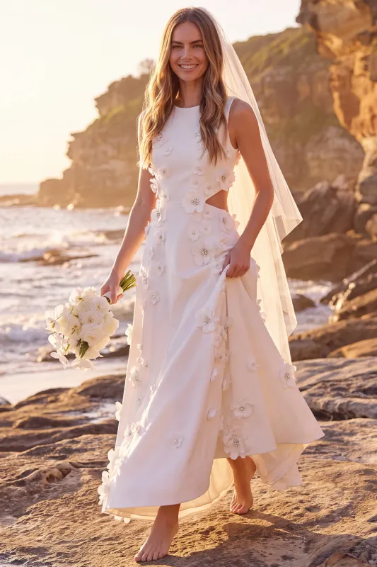 White A-Line Round Neck Cut Out Appliqued Maxi Elopement Wedding Dress made by Zapaka