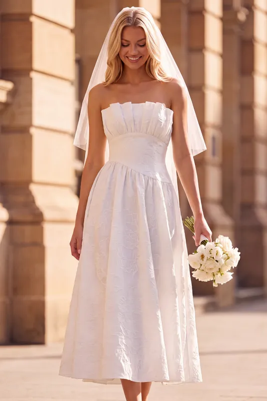 White A-Line Strapless Pleated Tea-Length Elopement Wedding Dress made by Zapaka