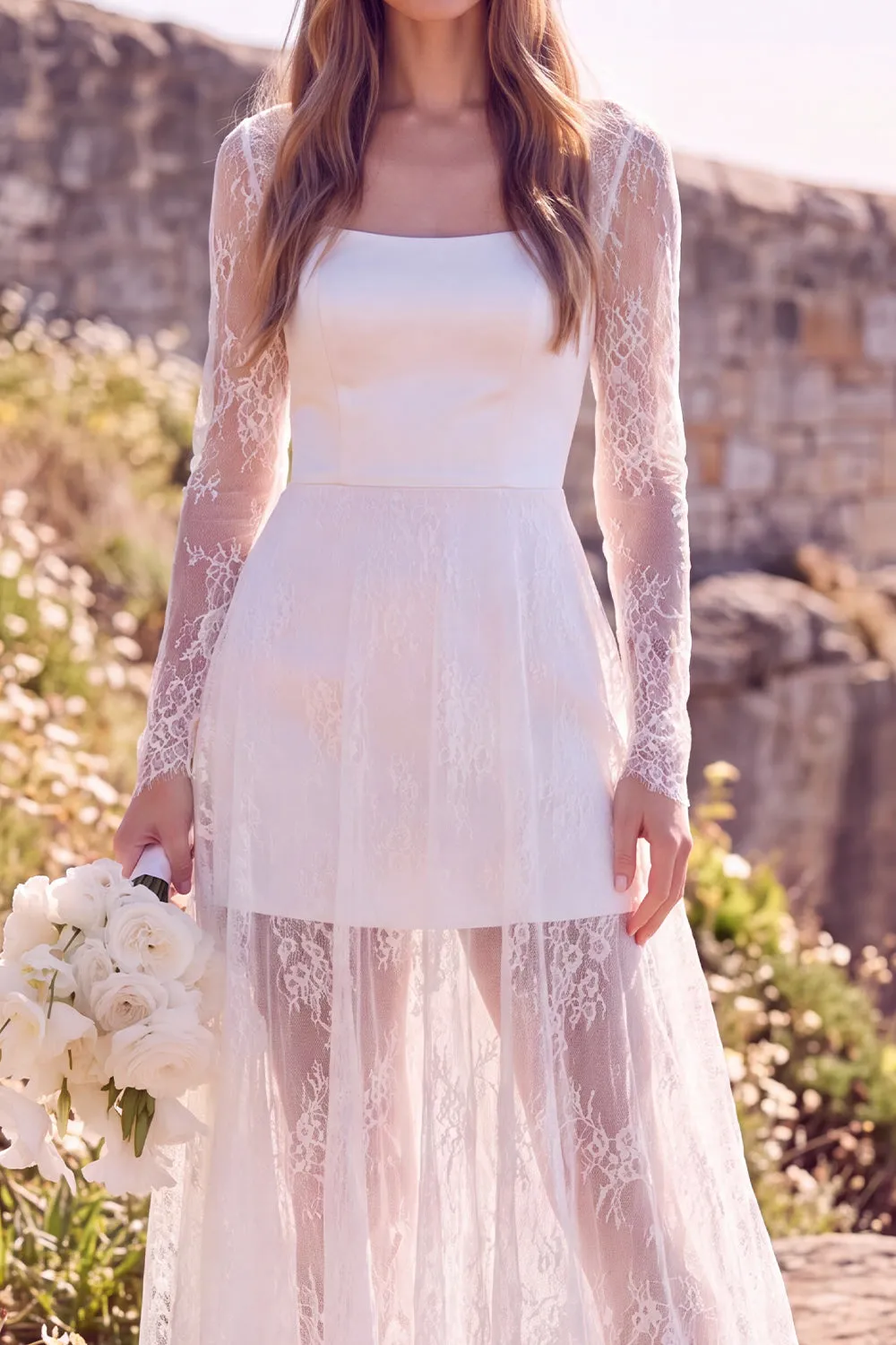 White Square Neck Long Sleeves Maxi Elopement Wedding Dress with Lace sold by Zapaka product image thumbnail 3