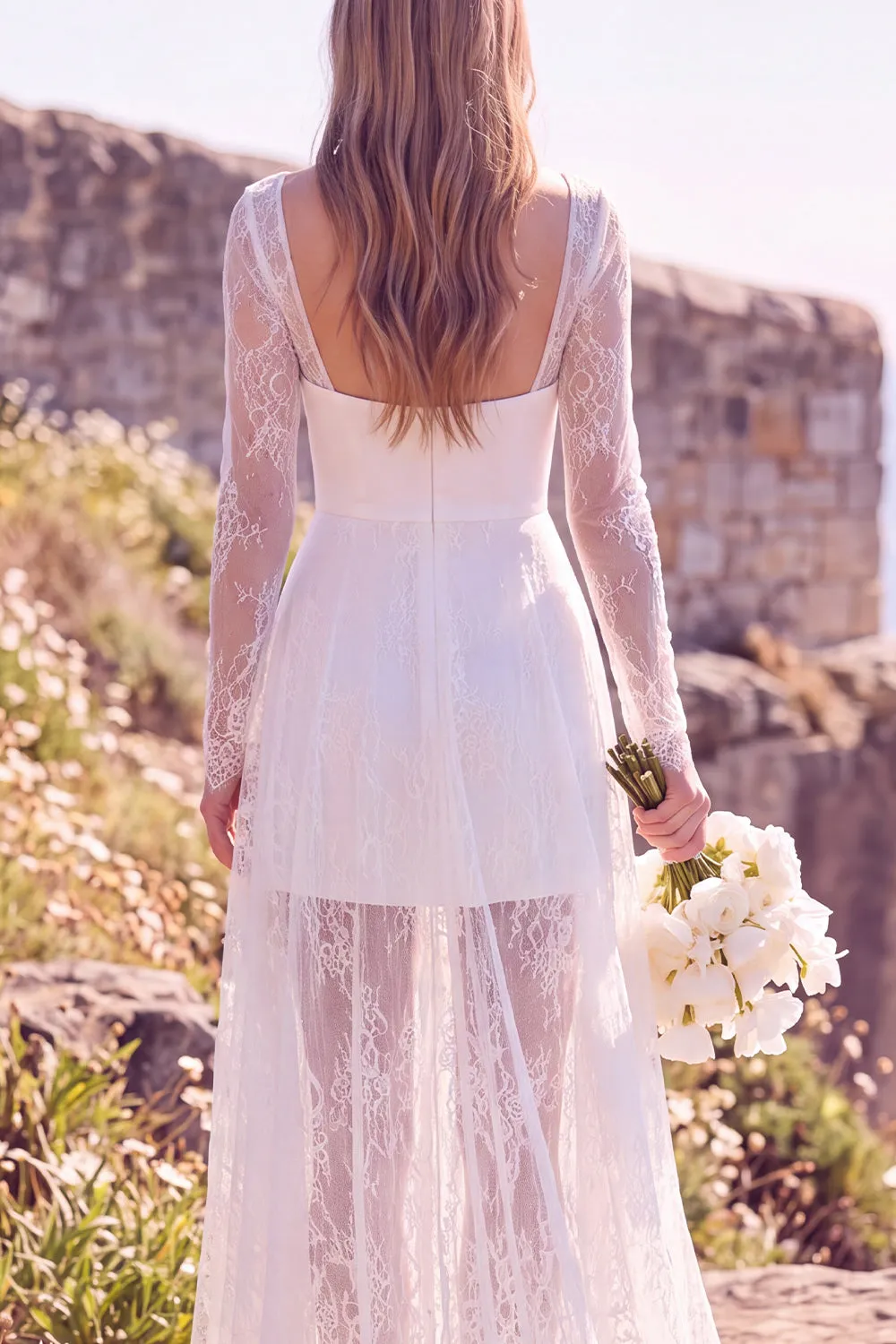 White Square Neck Long Sleeves Maxi Elopement Wedding Dress with Lace sold by Zapaka product image thumbnail 4