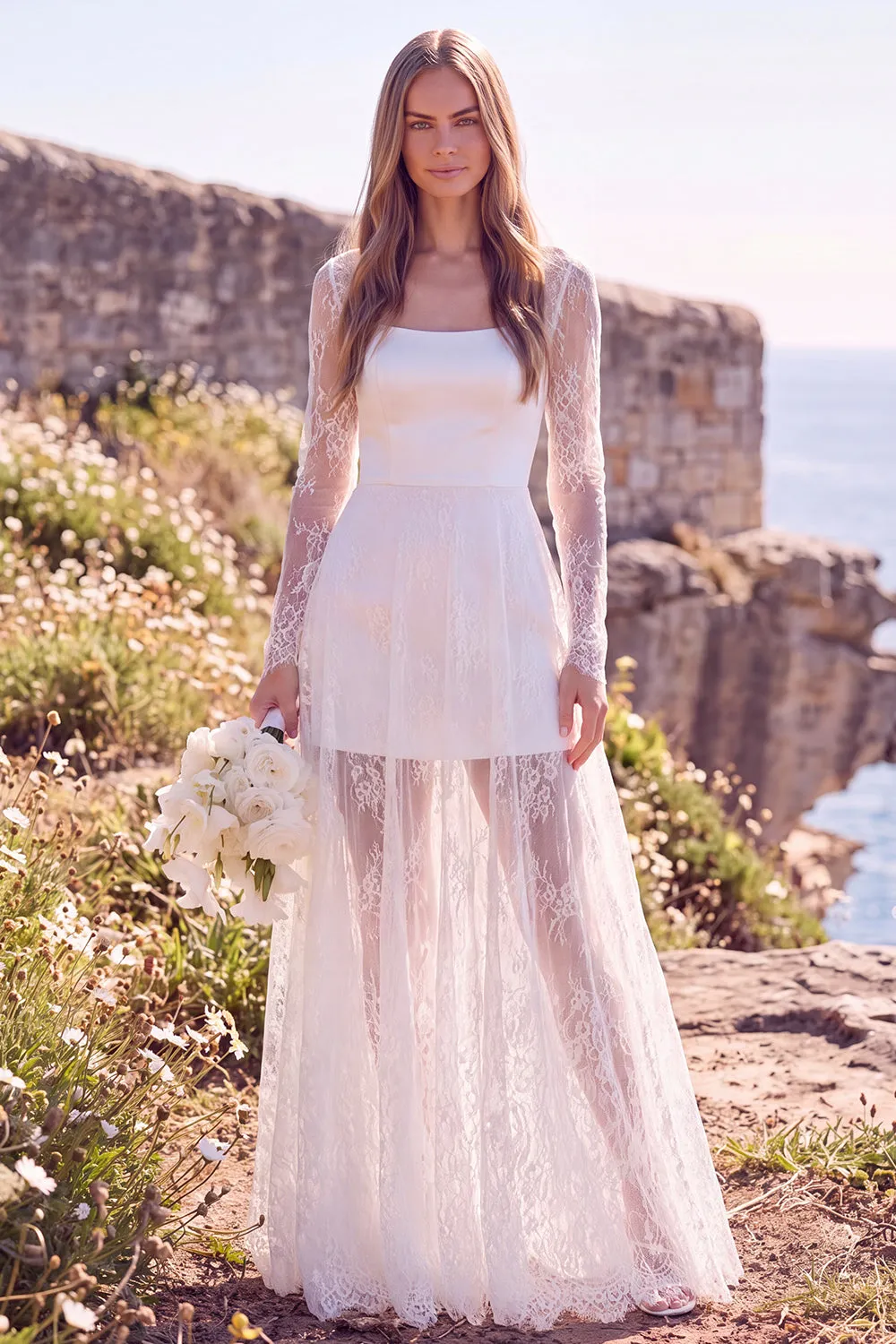 White Square Neck Long Sleeves Maxi Elopement Wedding Dress with Lace sold by Zapaka