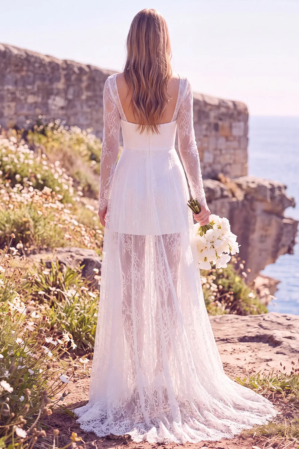 White Square Neck Long Sleeves Maxi Elopement Wedding Dress with Lace sold by Zapaka product image thumbnail 2