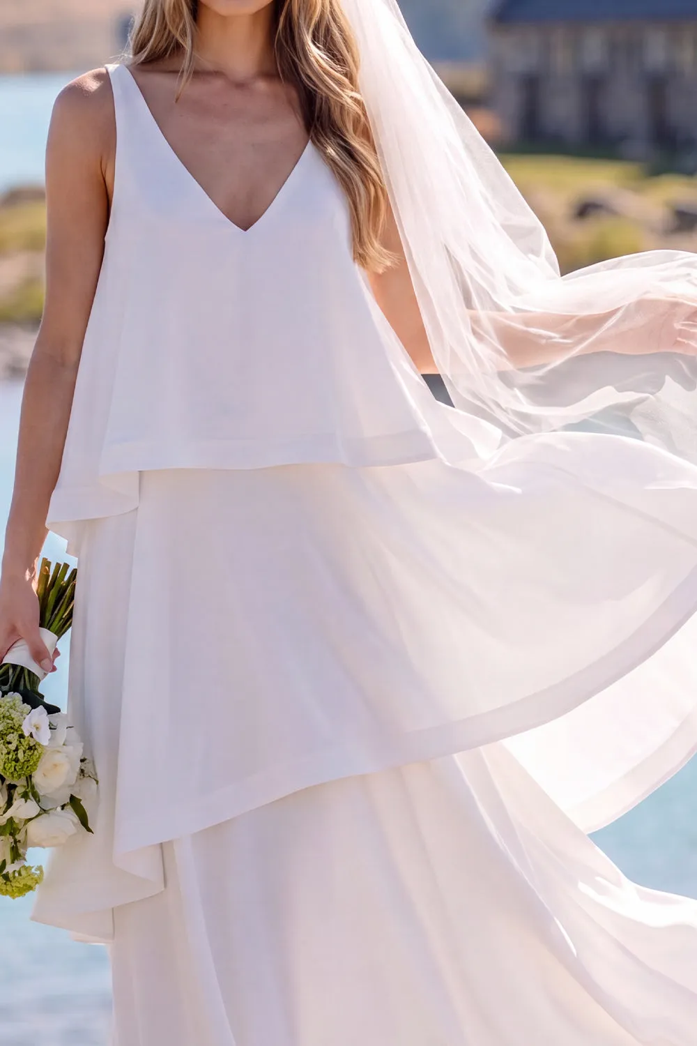 White V-Neck Tiered Sleeveless Maxi Elopement Wedding Dress sold by Zapaka product image thumbnail 5