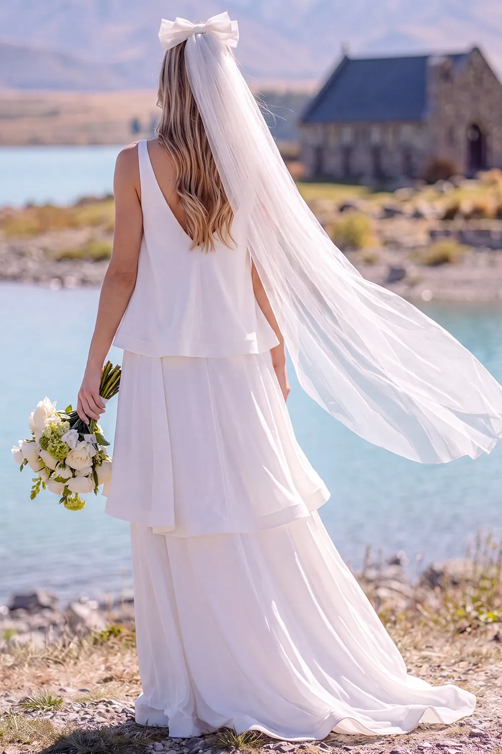 White V-Neck Tiered Sleeveless Maxi Elopement Wedding Dress sold by Zapaka product image thumbnail 2
