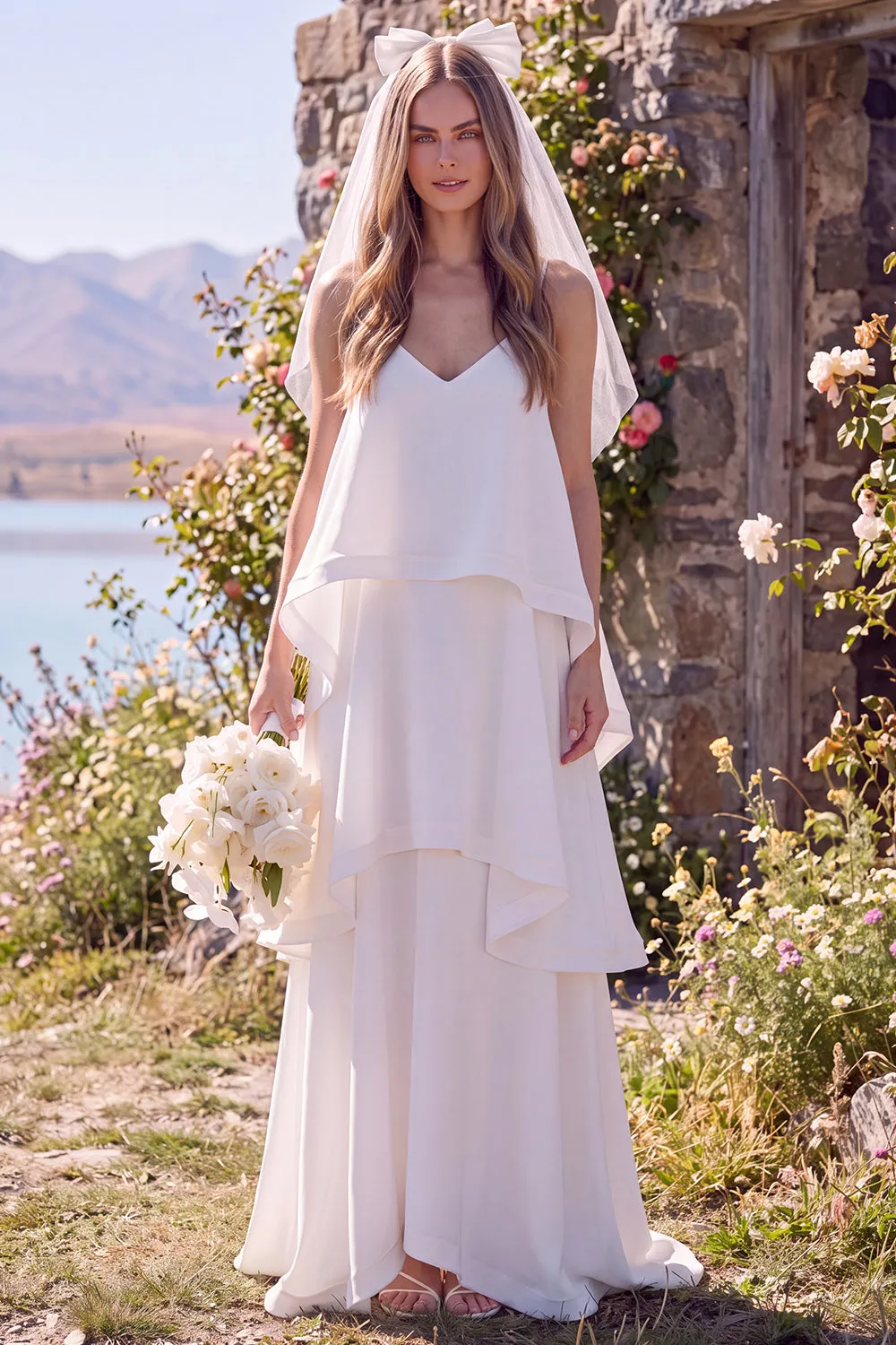 White V-Neck Tiered Sleeveless Maxi Elopement Wedding Dress sold by Zapaka product image thumbnail 3