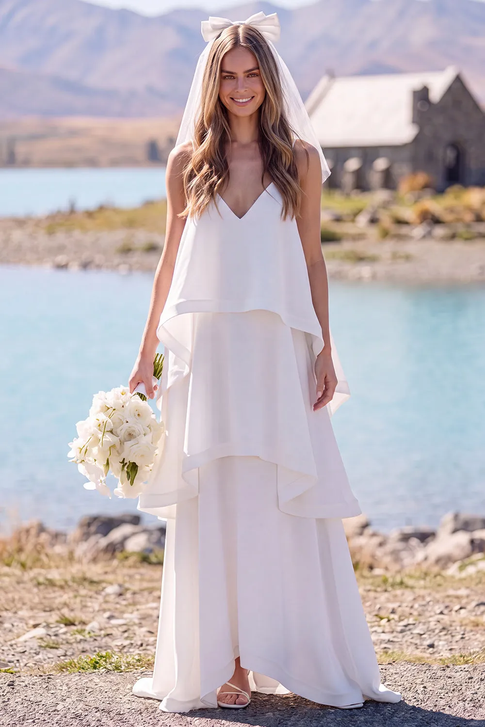 White V-Neck Tiered Sleeveless Maxi Elopement Wedding Dress sold by Zapaka product image thumbnail 4
