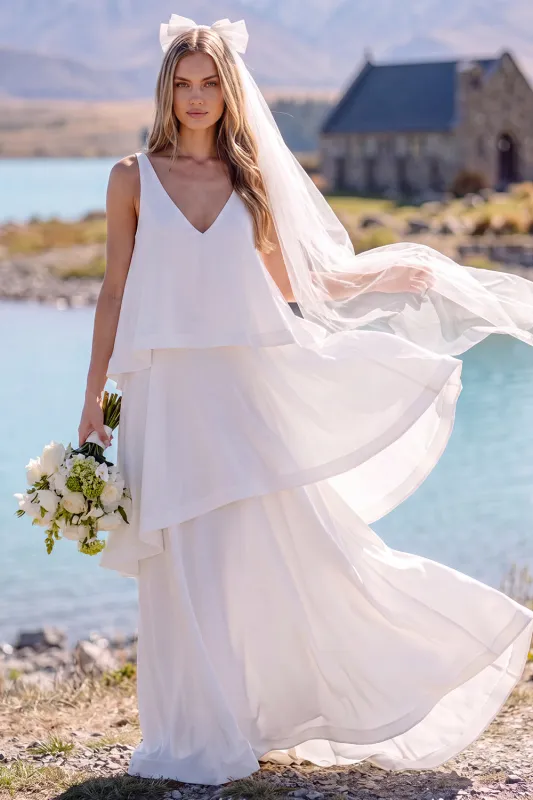 White V-Neck Tiered Sleeveless Maxi Elopement Wedding Dress made by Zapaka