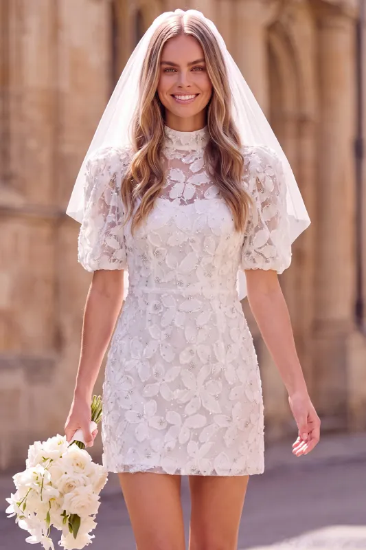 White Sheath High Neck Puff Sleeves Floral Mini Elopement Wedding Dress made by Zapaka