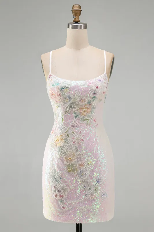 Sparkly Pink Bodycon Sequins Floral Short Homecoming Dress with Beading made by Zapaka