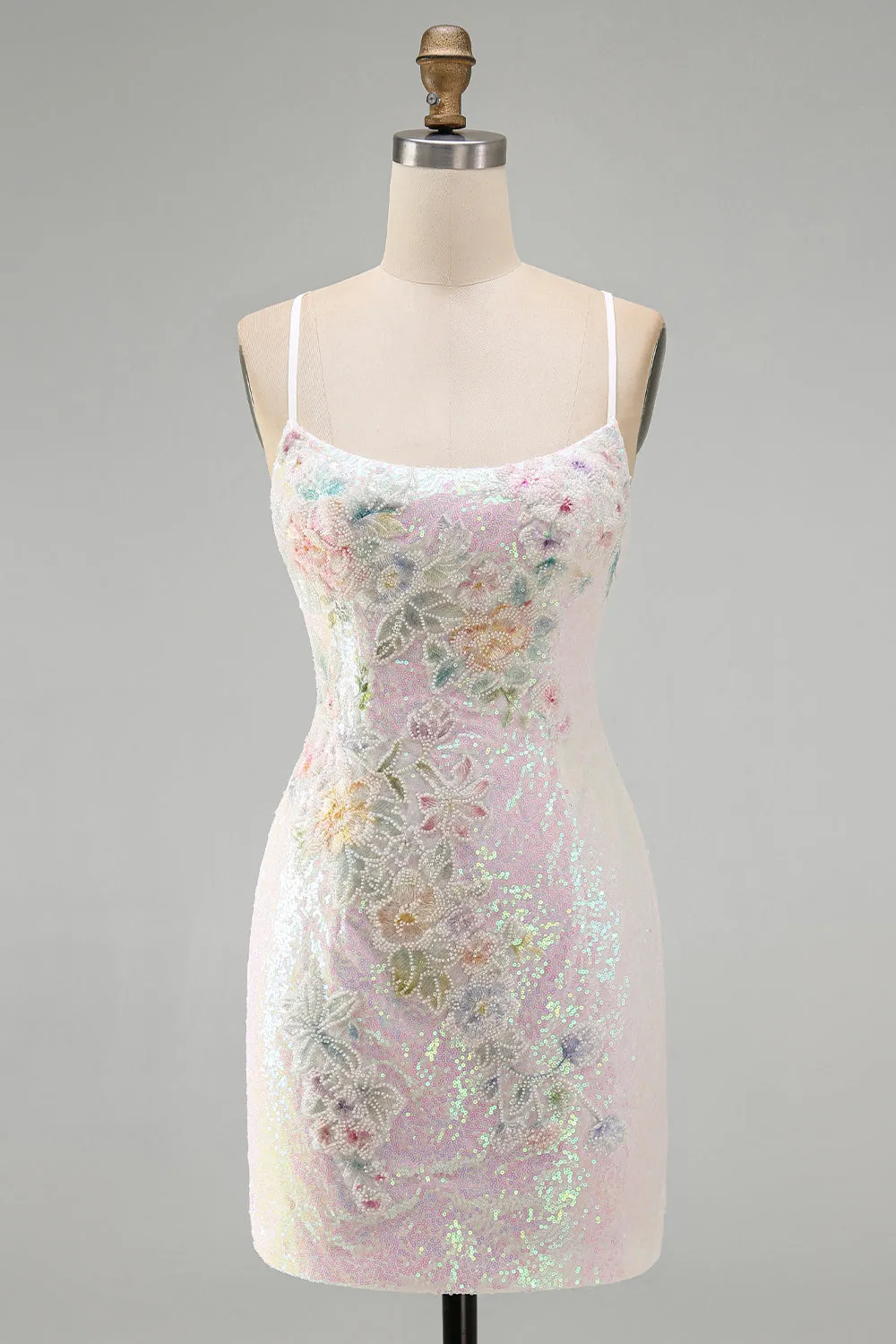 Sparkly Pink Bodycon Sequins Floral Short Homecoming Dress with Beading sold by Zapaka