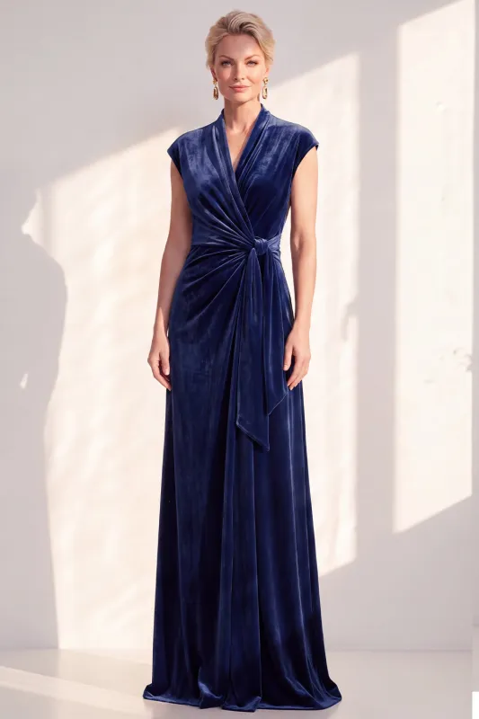 Dark Blue Velvet A-Line V-Neck Ruched Long Mother Of The Bride Dress made by Zapaka