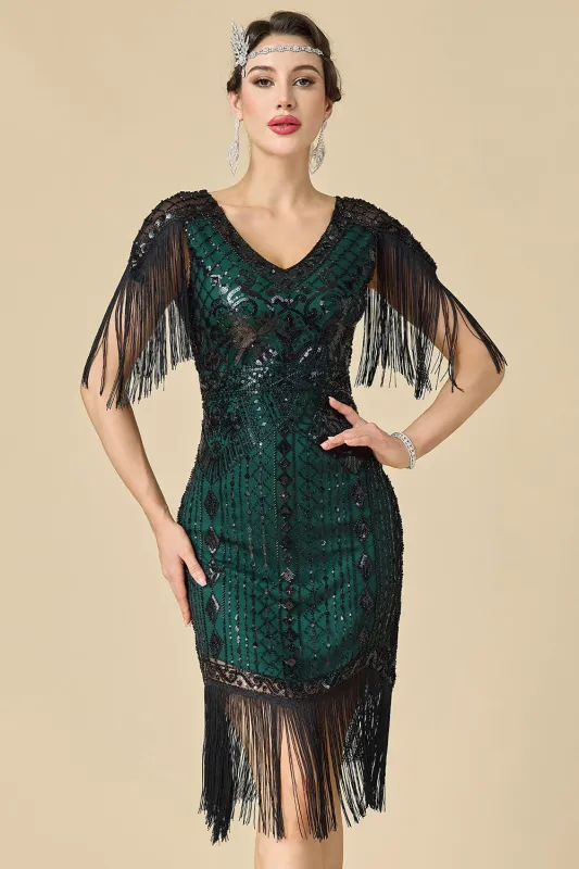 Sparkly Bodycon V-Neck Sequins Fringed Shoulder Sleeves 1920s Dress made by Zapaka