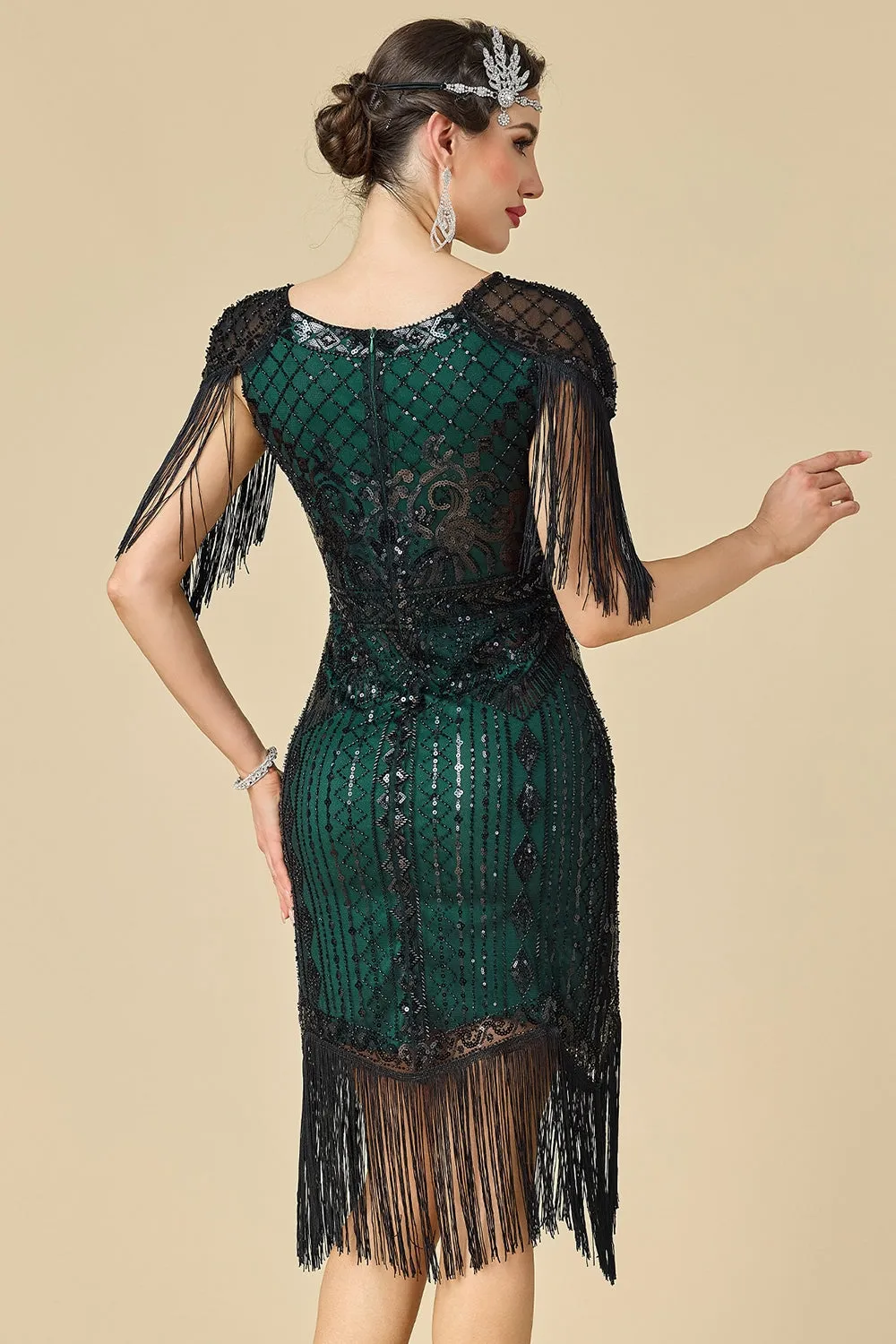 Sparkly Bodycon V-Neck Sequins Fringed Shoulder Sleeves 1920s Dress sold by Zapaka product image thumbnail 2