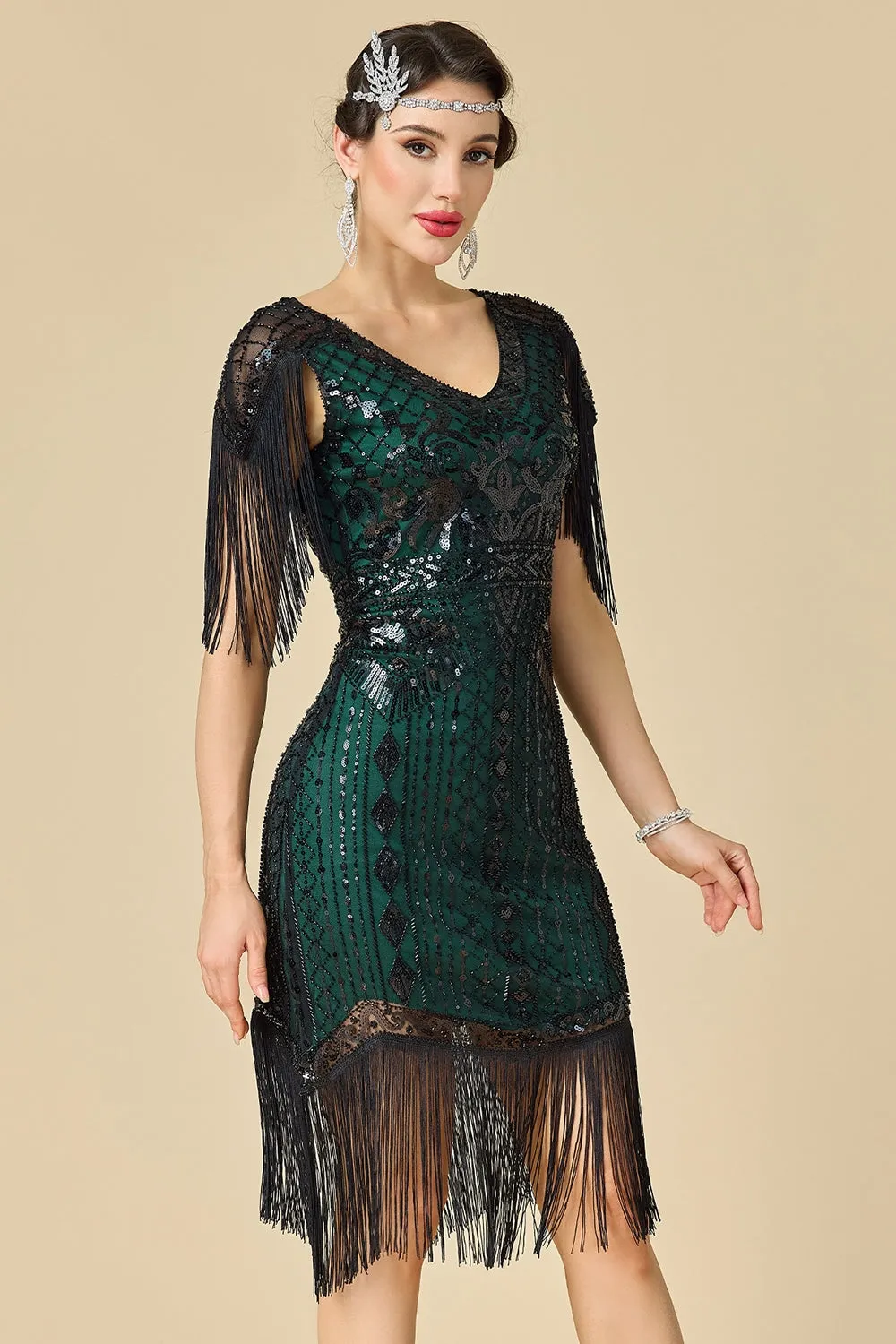Sparkly Bodycon V-Neck Sequins Fringed Shoulder Sleeves 1920s Dress sold by Zapaka product image thumbnail 3